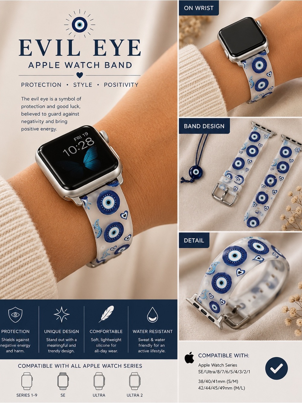 Silicone Apple Watch Band - White & Blue clear band